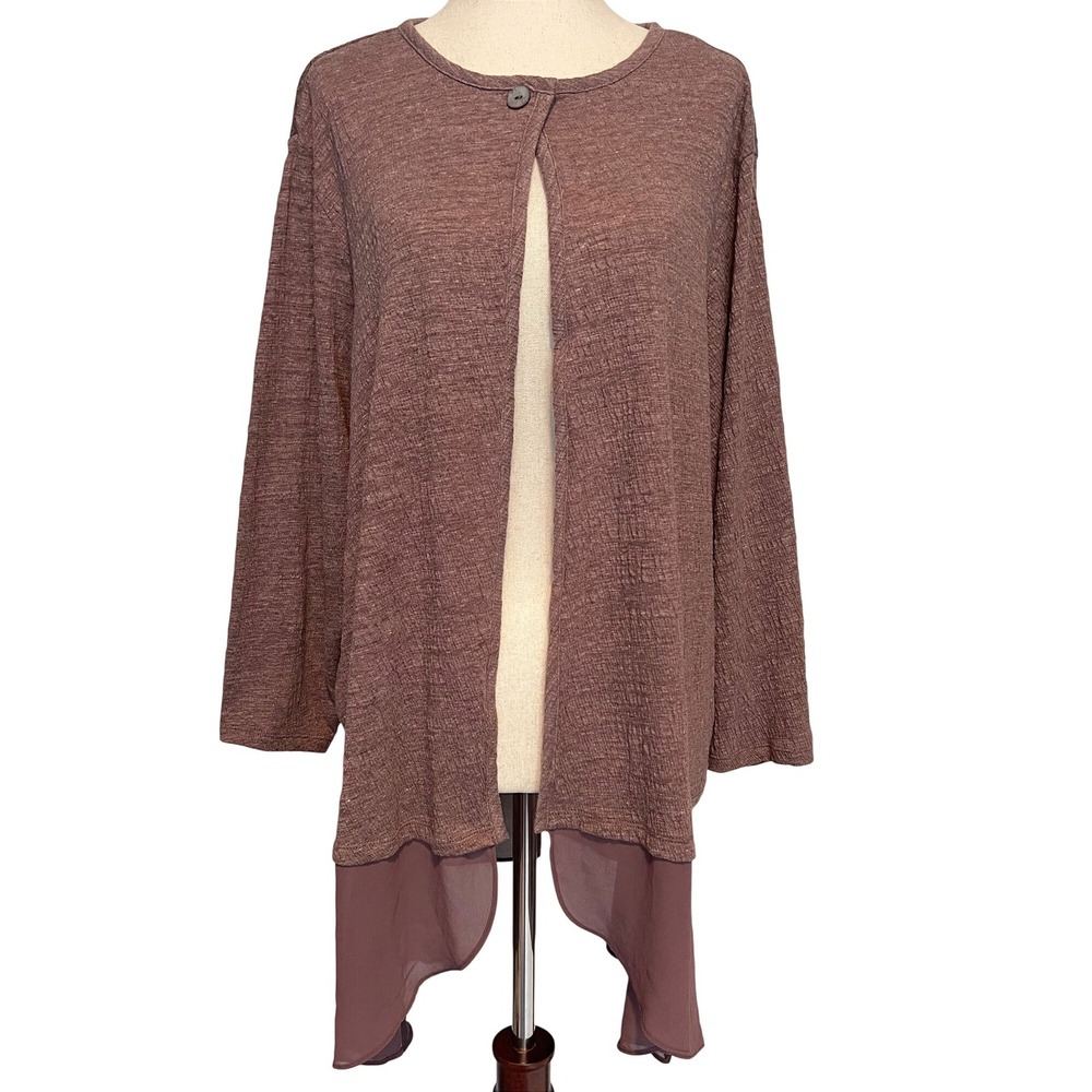 LOGO Lori Goldstein 1X Lagenlook Long Cardigan Mauve Textured Knit Chiffon Hem